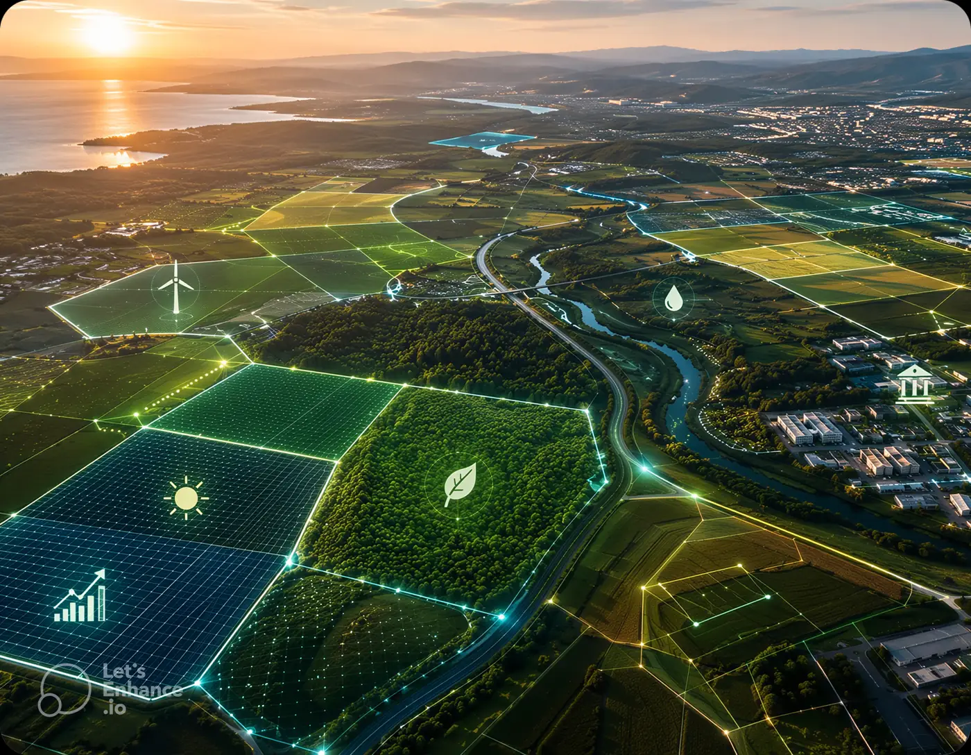 Aerial landscape with overlaid ecological and energy data signals